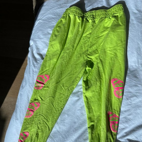 Frankies Bikinis Aiden Neon Green Butterfly Print Sweatpants M - Picture 2 of 5